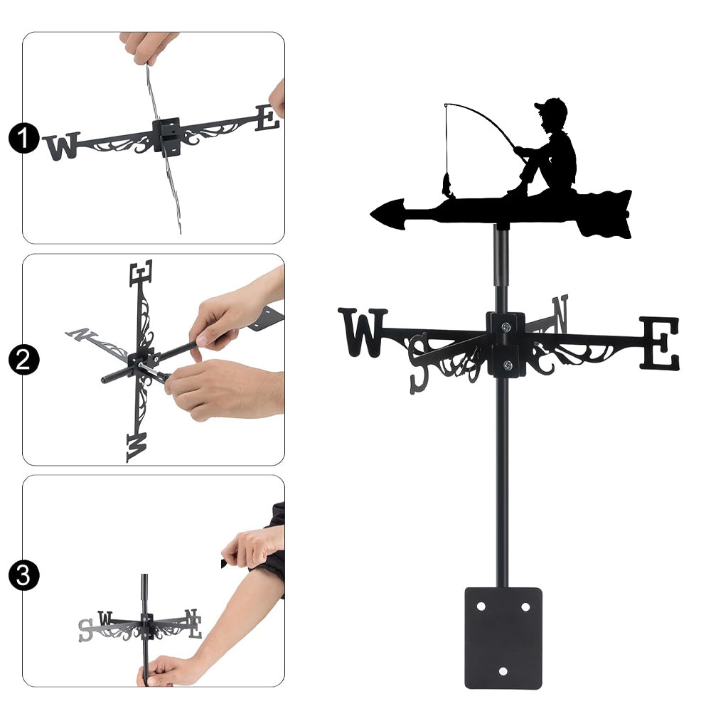 Boy fishing metal weather vane with directional arrows and mounting rod, outdoor roof and garden decoration