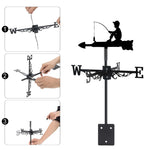 Boy fishing metal weather vane with directional arrows and mounting rod, outdoor roof and garden decoration