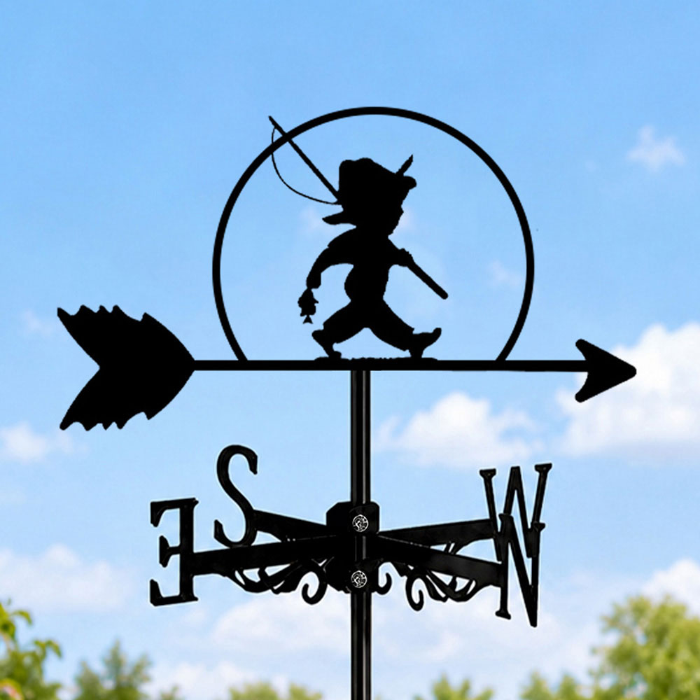 Boy fishing metal weather vane with directional arrows and mounting rod, outdoor roof and garden decoration
