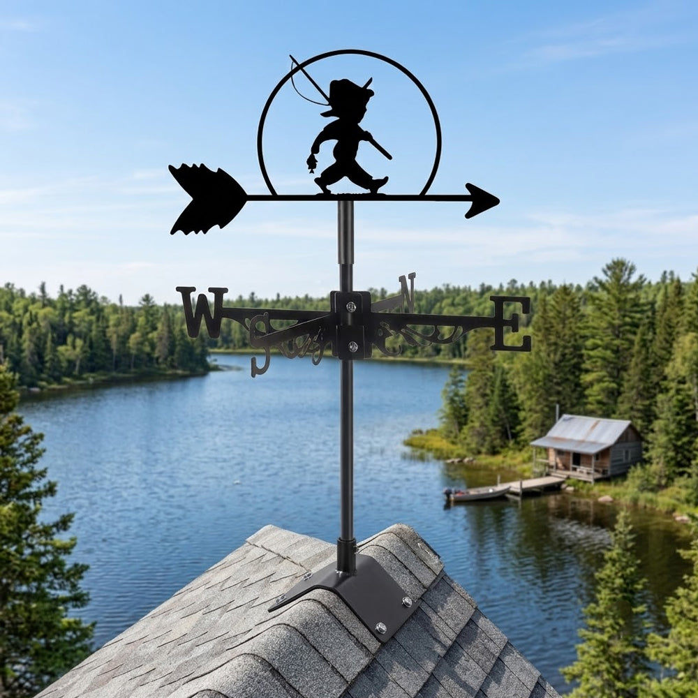 Boy fishing metal weather vane with directional arrows and mounting rod, outdoor roof and garden decoration