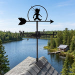 Boy fishing metal weather vane with directional arrows and mounting rod, outdoor roof and garden decoration
