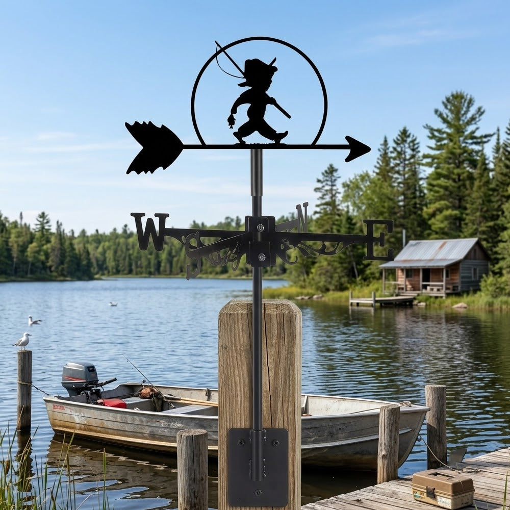 Boy fishing metal weather vane with directional arrows and mounting rod, outdoor roof and garden decoration