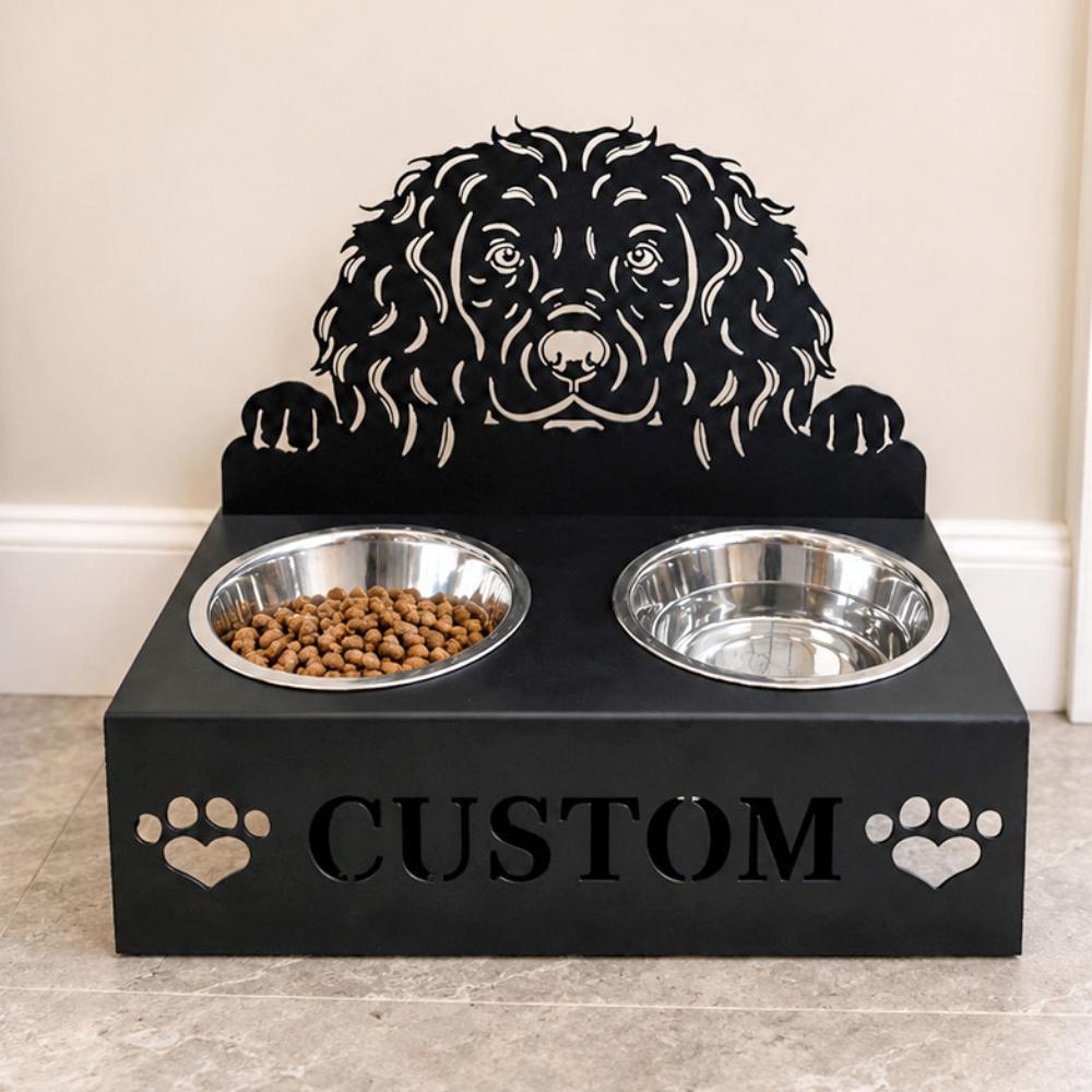 Personalized boykin spaniel metal dog bowl stand with custom name cutout and two removable feeding bowls