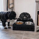 Personalized boykin spaniel metal dog bowl stand with custom name cutout and two removable feeding bowls