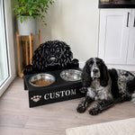 Personalized boykin spaniel metal dog bowl stand with custom name cutout and two removable feeding bowls