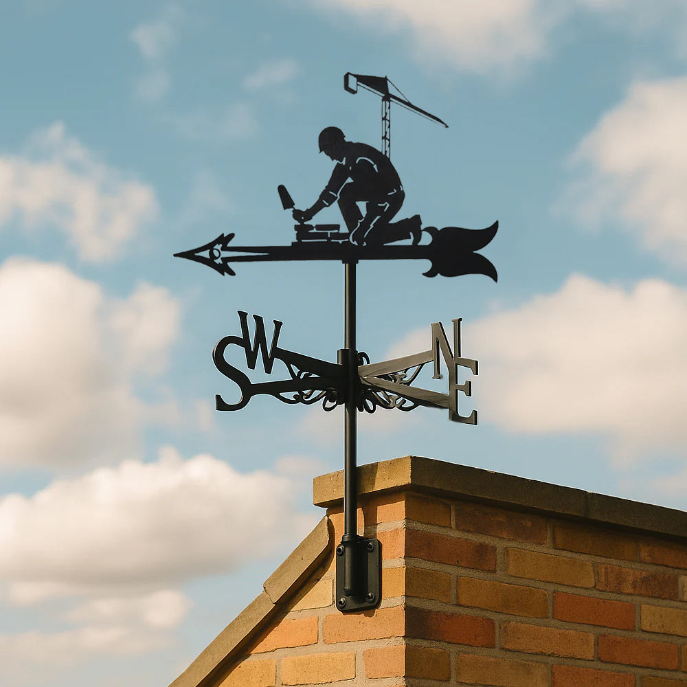 Bricklayer metal weather vane with directional arrows and mounting rod, outdoor roof and garden decoration