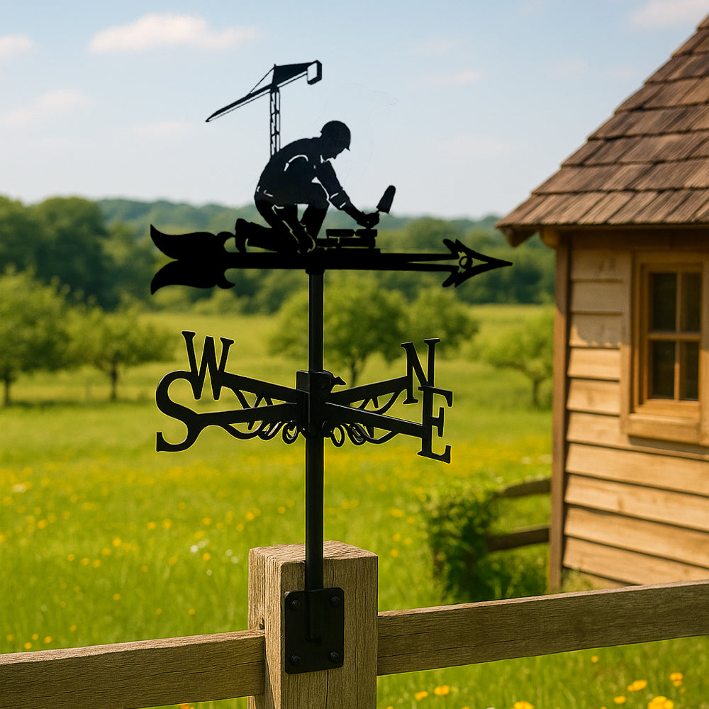 Bricklayer metal weather vane with directional arrows and mounting rod, outdoor roof and garden decoration