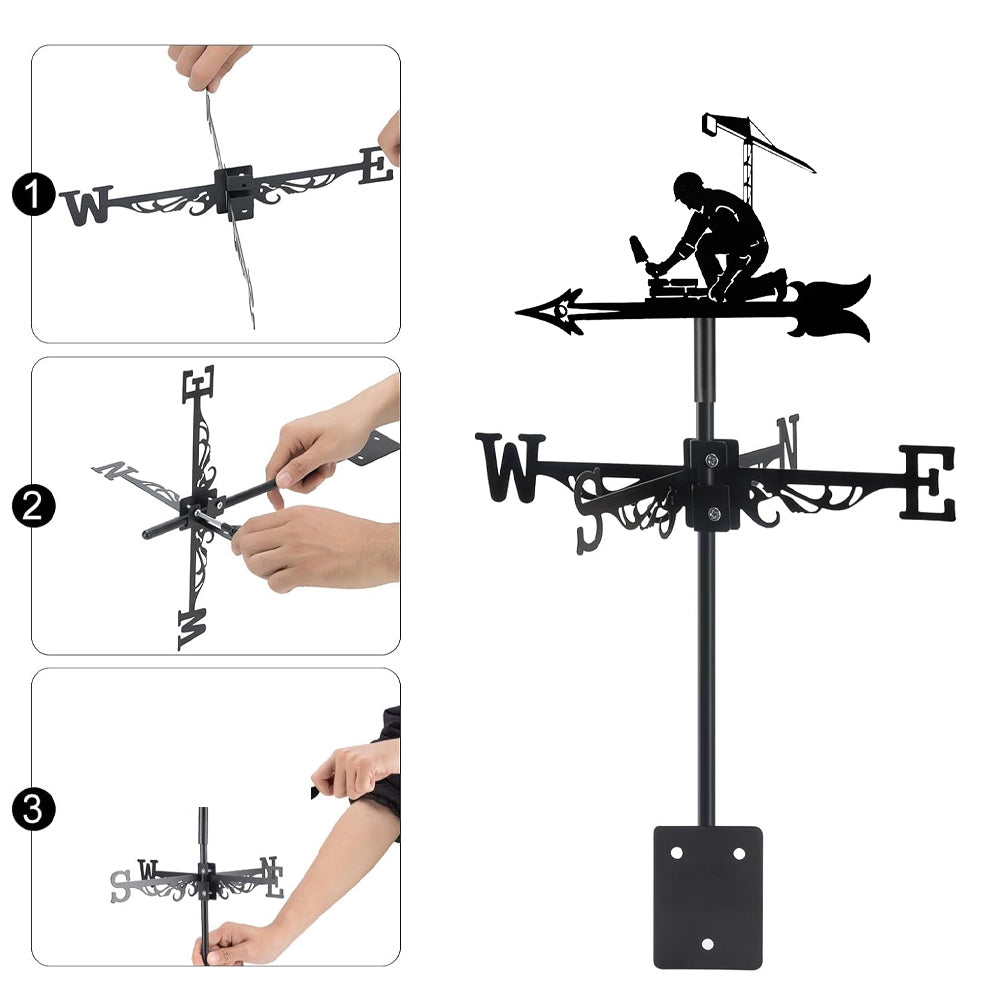 Bricklayer metal weather vane with directional arrows and mounting rod, outdoor roof and garden decoration