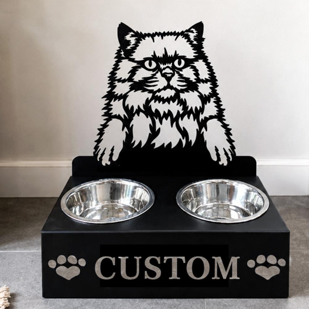 Personalized british longhair cat metal cat bowl stand with custom name cutout and two removable feeding bowls