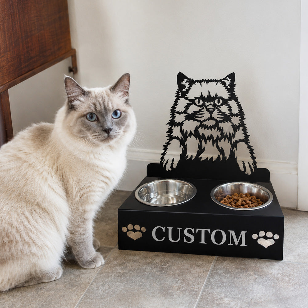 Personalized british longhair cat metal cat bowl stand with custom name cutout and two removable feeding bowls