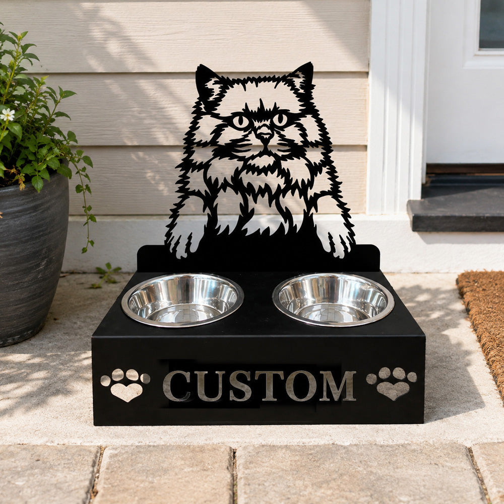 Personalized british longhair cat metal cat bowl stand with custom name cutout and two removable feeding bowls