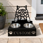 Personalized british longhair cat metal cat bowl stand with custom name cutout and two removable feeding bowls