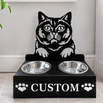 Personalized british shorthair cat metal cat bowl stand with custom name cutout and two removable feeding bowls