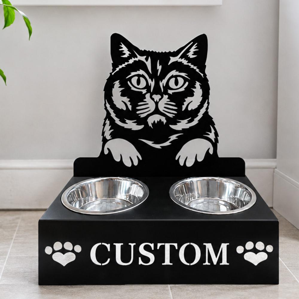 Personalized british shorthair cat metal cat bowl stand with custom name cutout and two removable feeding bowls