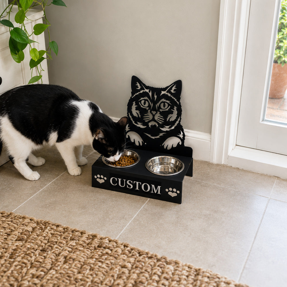 Personalized british shorthair cat metal cat bowl stand with custom name cutout and two removable feeding bowls