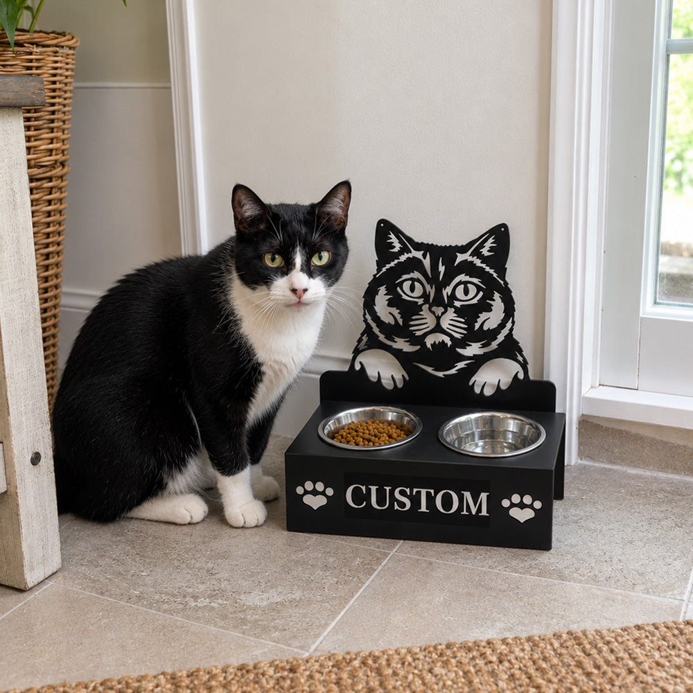 Personalized british shorthair cat metal cat bowl stand with custom name cutout and two removable feeding bowls