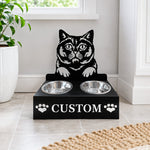 Personalized british shorthair cat metal cat bowl stand with custom name cutout and two removable feeding bowls