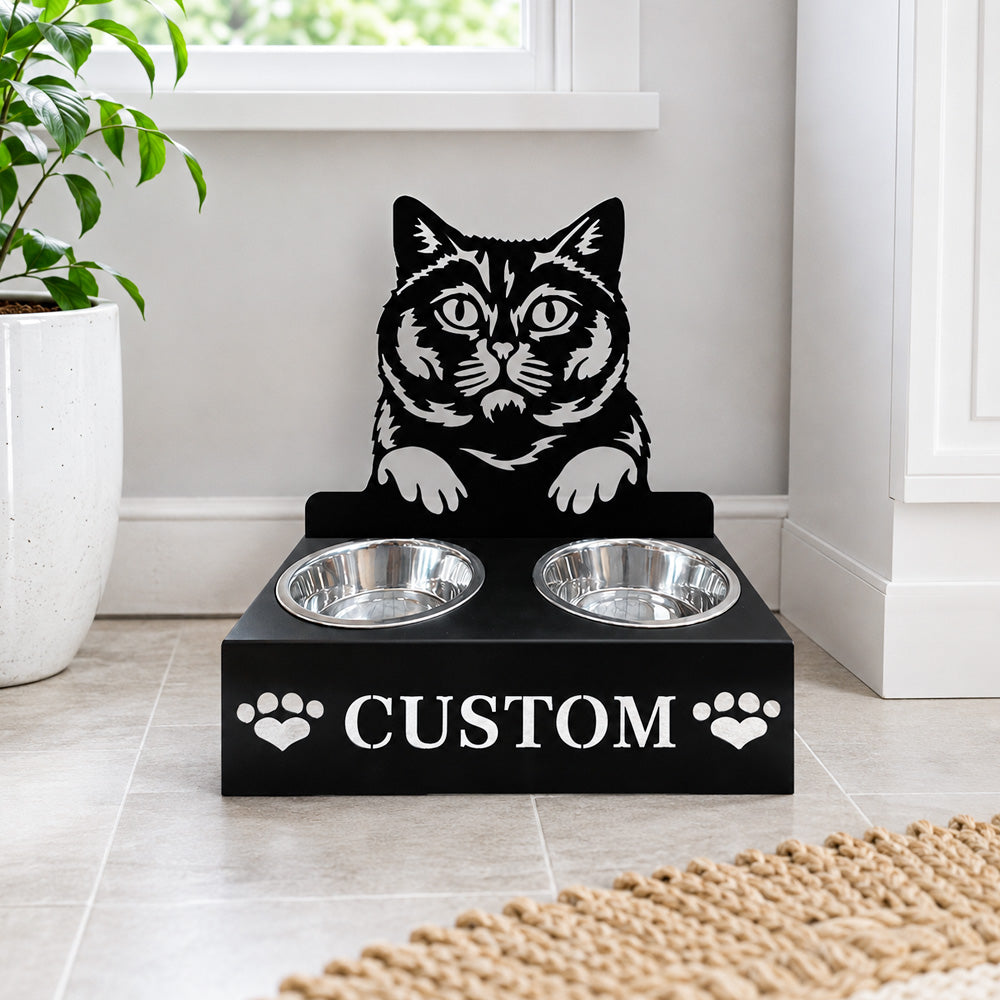 Personalized british shorthair cat metal cat bowl stand with custom name cutout and two removable feeding bowls