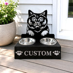 Personalized british shorthair cat metal cat bowl stand with custom name cutout and two removable feeding bowls