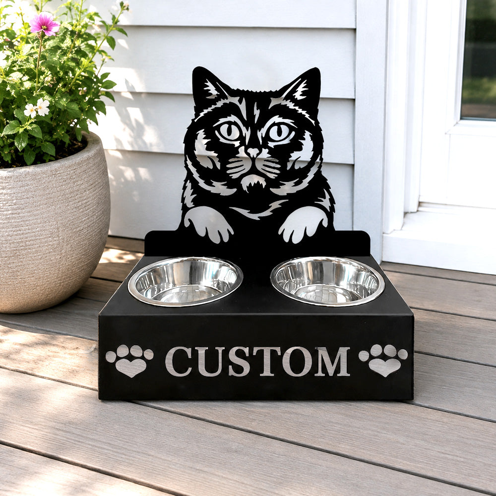 Personalized british shorthair cat metal cat bowl stand with custom name cutout and two removable feeding bowls