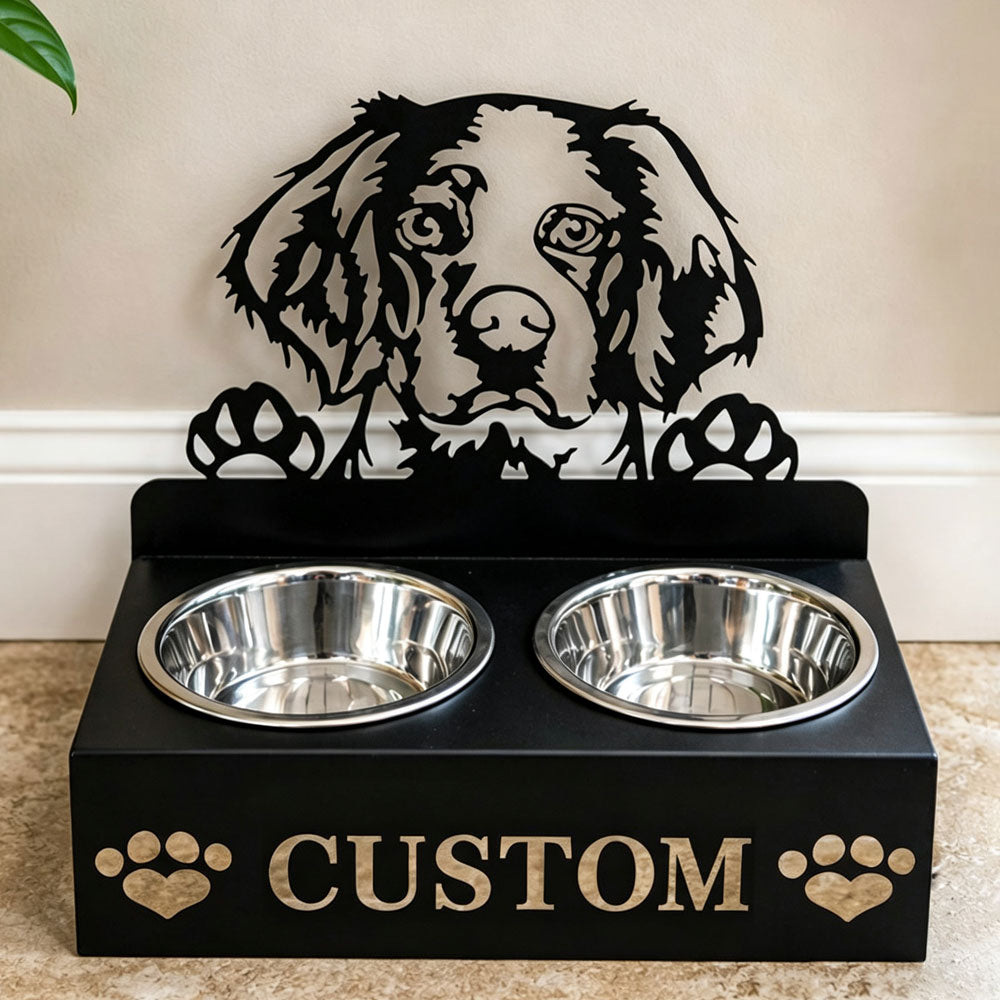 Personalized brittany spaniel metal dog bowl stand with custom name cutout and two removable feeding bowls