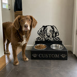 Personalized brittany spaniel metal dog bowl stand with custom name cutout and two removable feeding bowls