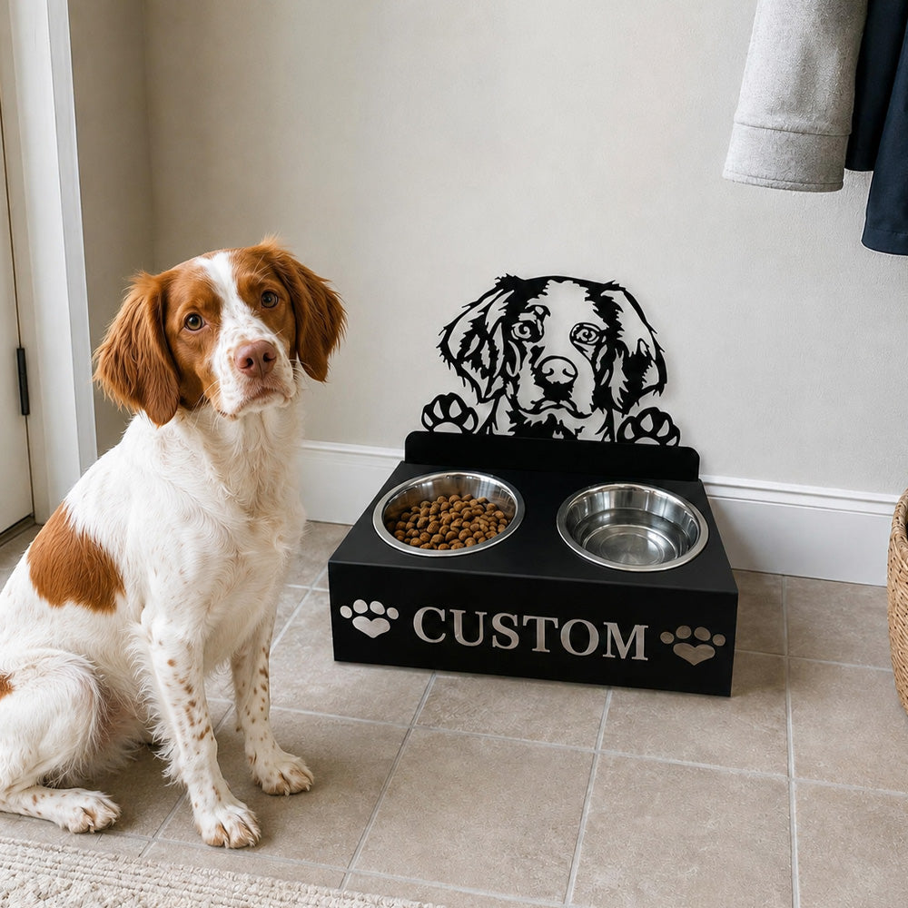 Personalized brittany spaniel metal dog bowl stand with custom name cutout and two removable feeding bowls