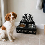 Personalized brittany spaniel metal dog bowl stand with custom name cutout and two removable feeding bowls