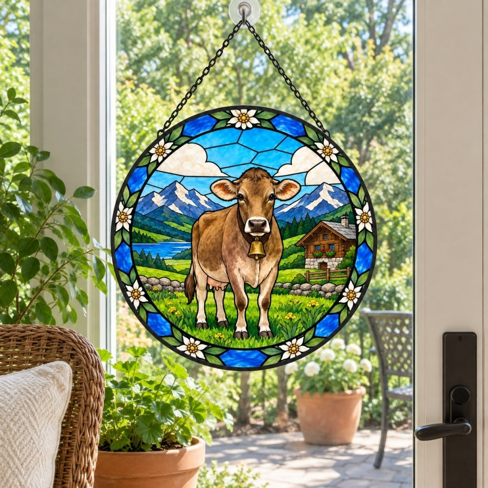 Brown swiss cattle stained glass suncatcher window hanging, suitable for home and garden decoration