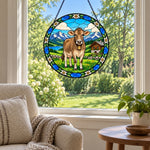 Brown swiss cattle stained glass suncatcher window hanging, suitable for home and garden decoration