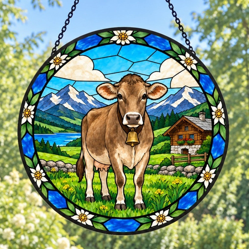 Brown swiss cattle stained glass suncatcher window hanging, suitable for home and garden decoration
