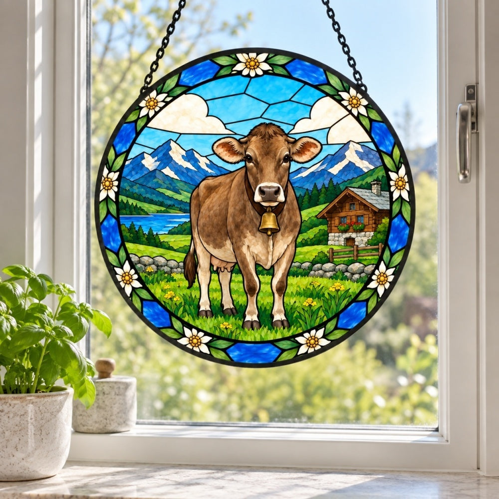 Brown swiss cattle stained glass suncatcher window hanging, suitable for home and garden decoration