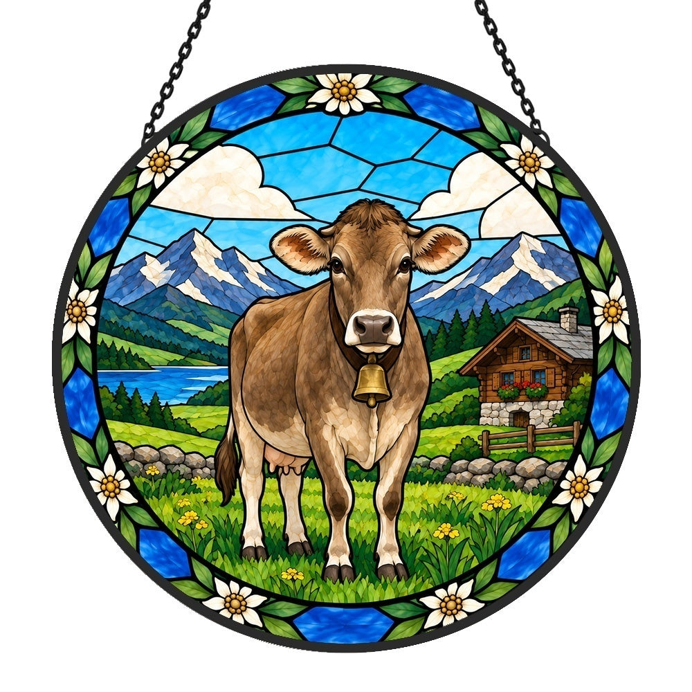Brown swiss cattle stained glass suncatcher window hanging, suitable for home and garden decoration