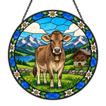 Brown swiss cattle stained glass suncatcher window hanging, suitable for home and garden decoration