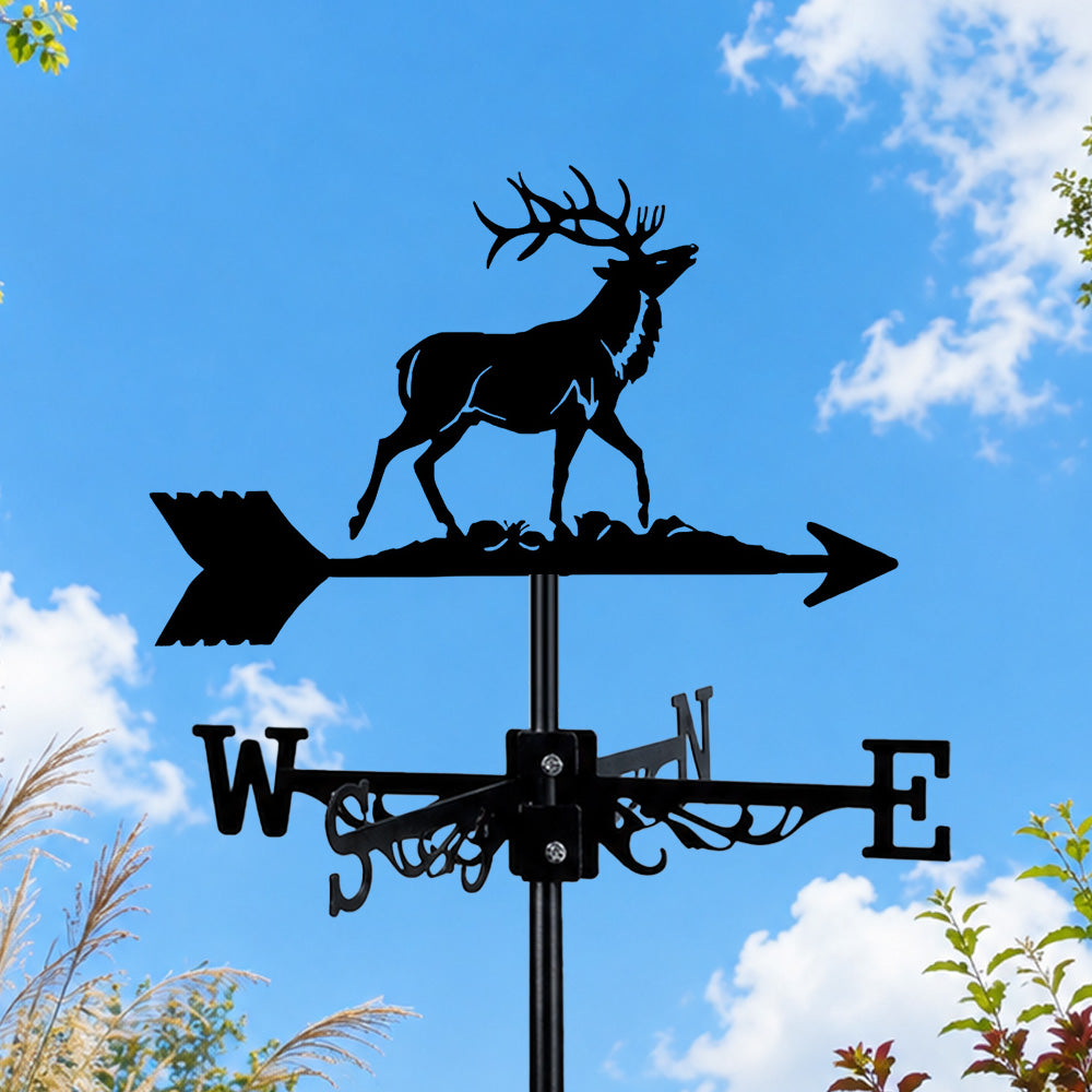 Bull elk metal weather vane with directional arrows and mounting rod, outdoor roof and garden decoration