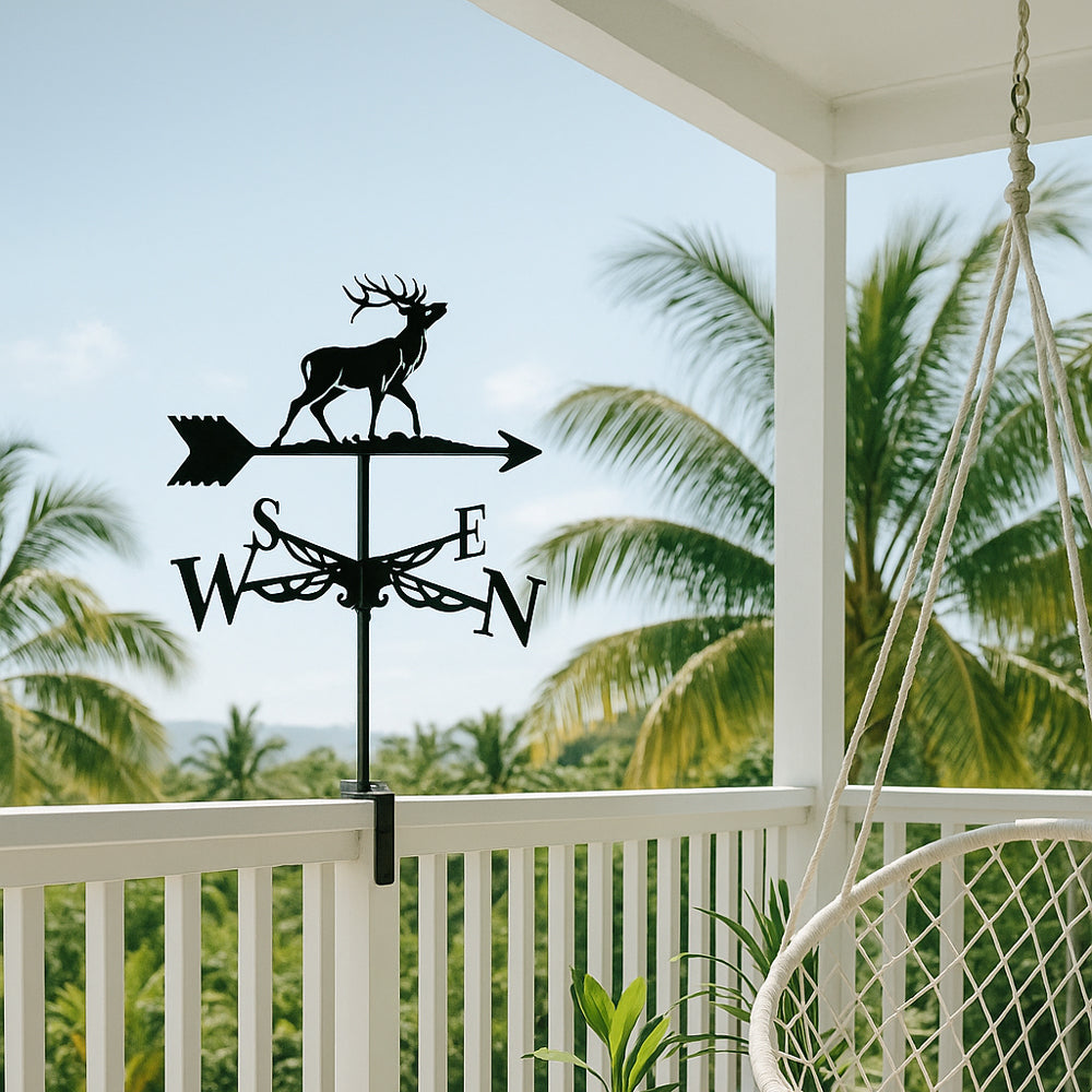 Bull elk metal weather vane with directional arrows and mounting rod, outdoor roof and garden decoration