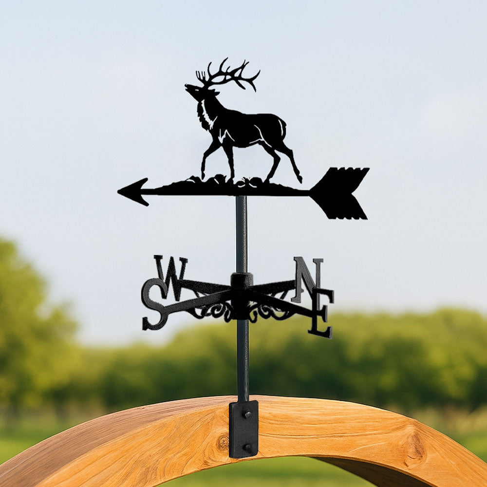 Bull elk metal weather vane with directional arrows and mounting rod, outdoor roof and garden decoration