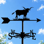Bull on grass metal weather vane with directional arrows and mounting rod, outdoor roof and garden decoration