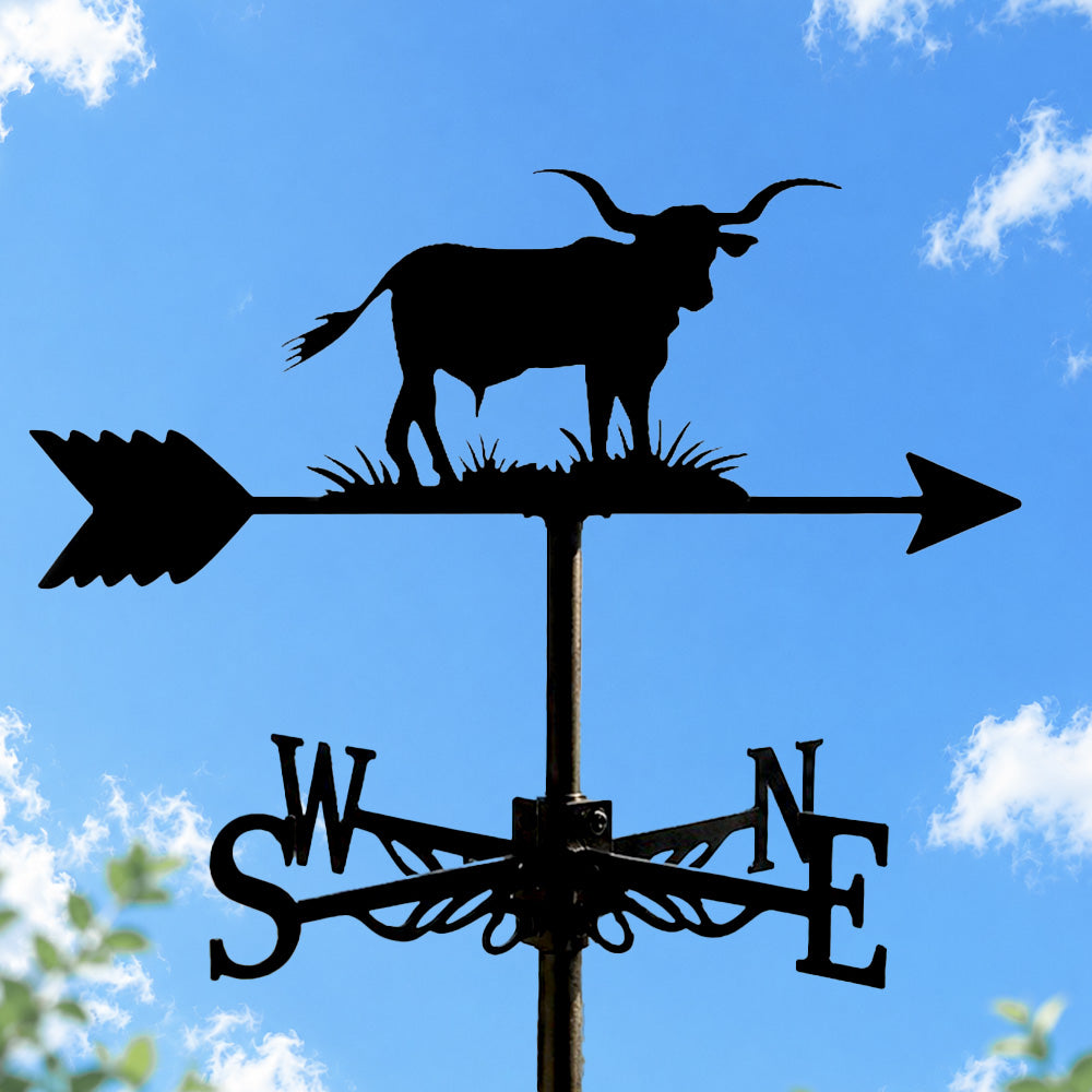 Bull on grass metal weather vane with directional arrows and mounting rod, outdoor roof and garden decoration