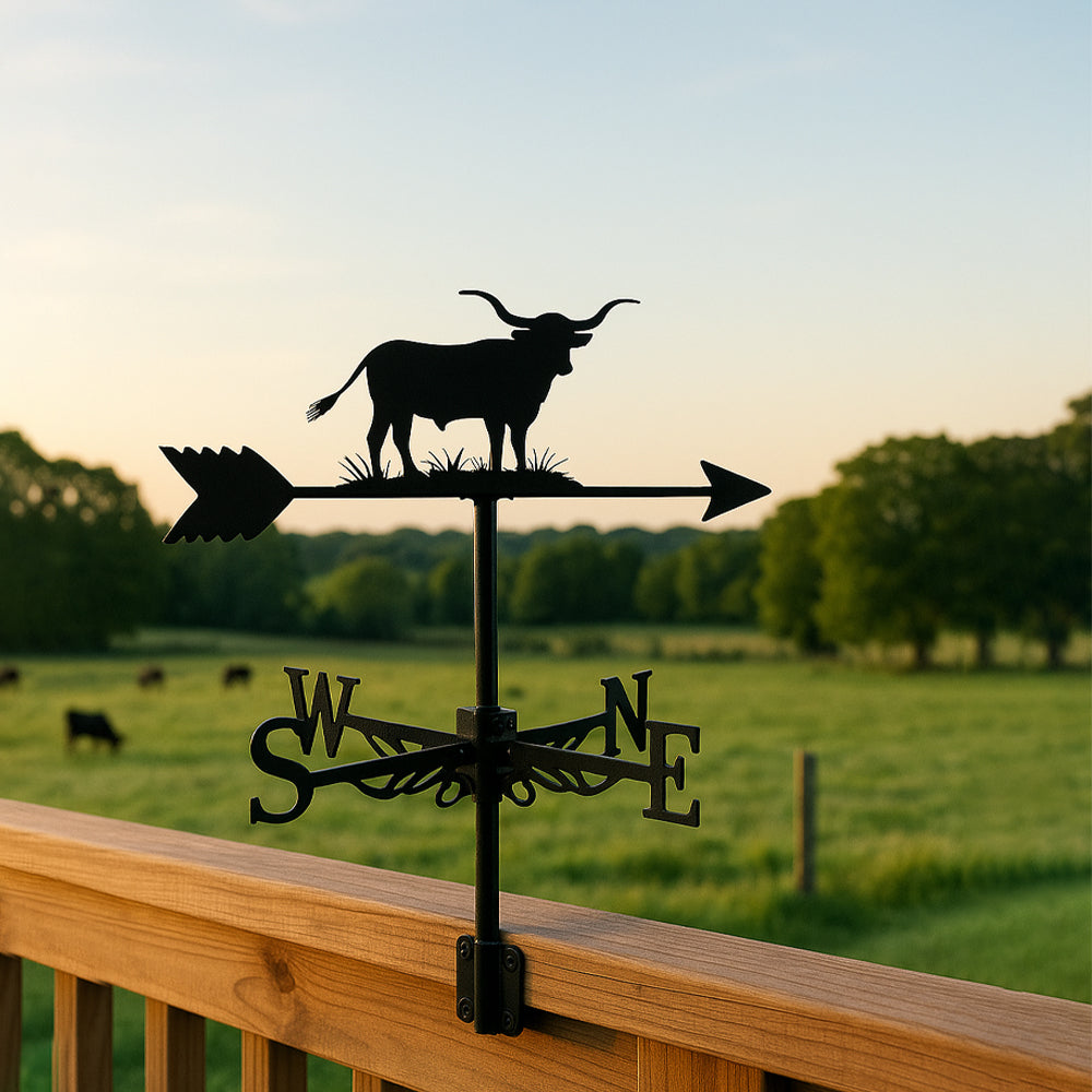 Bull on grass metal weather vane with directional arrows and mounting rod, outdoor roof and garden decoration