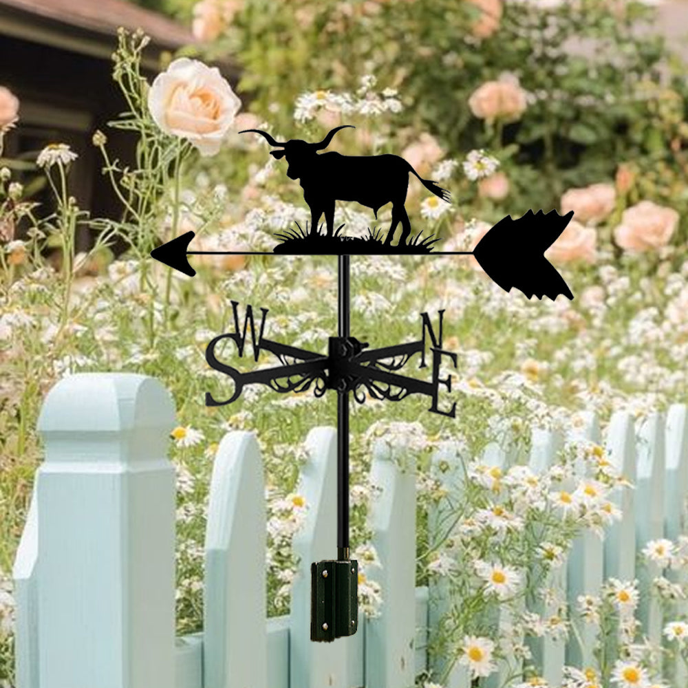 Bull on grass metal weather vane with directional arrows and mounting rod, outdoor roof and garden decoration