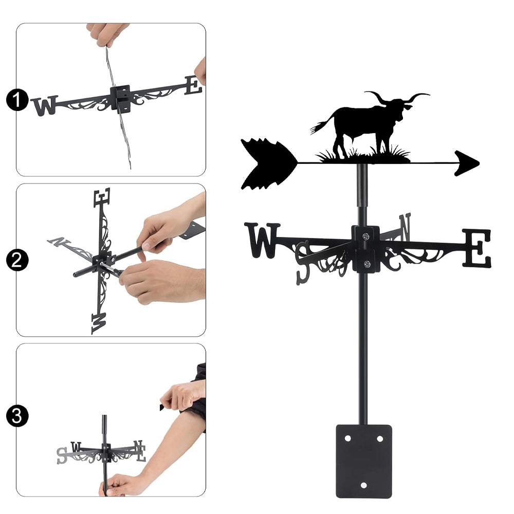 Bull on grass metal weather vane with directional arrows and mounting rod, outdoor roof and garden decoration