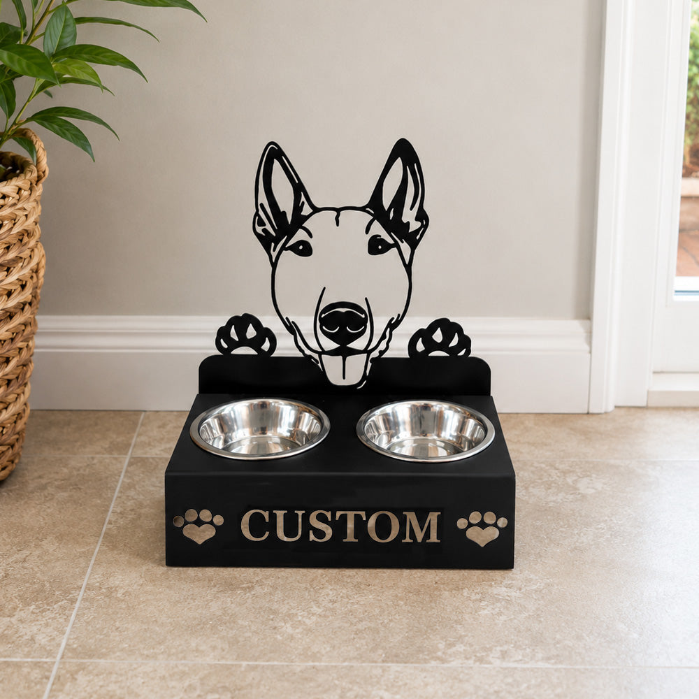 Personalized bull terrier metal dog bowl stand with custom name cutout and two removable feeding bowls