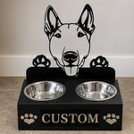 Personalized bull terrier metal dog bowl stand with custom name cutout and two removable feeding bowls