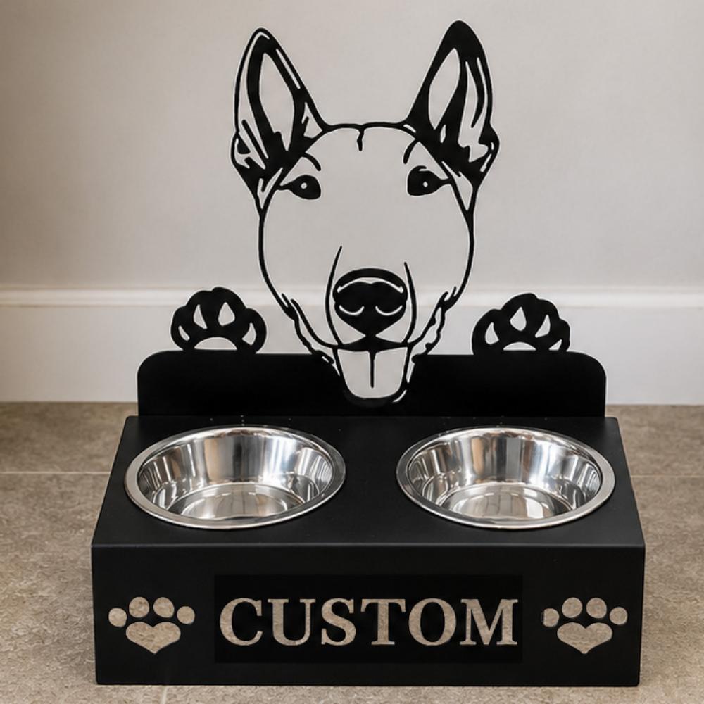 Personalized bull terrier metal dog bowl stand with custom name cutout and two removable feeding bowls