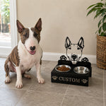 Personalized bull terrier metal dog bowl stand with custom name cutout and two removable feeding bowls