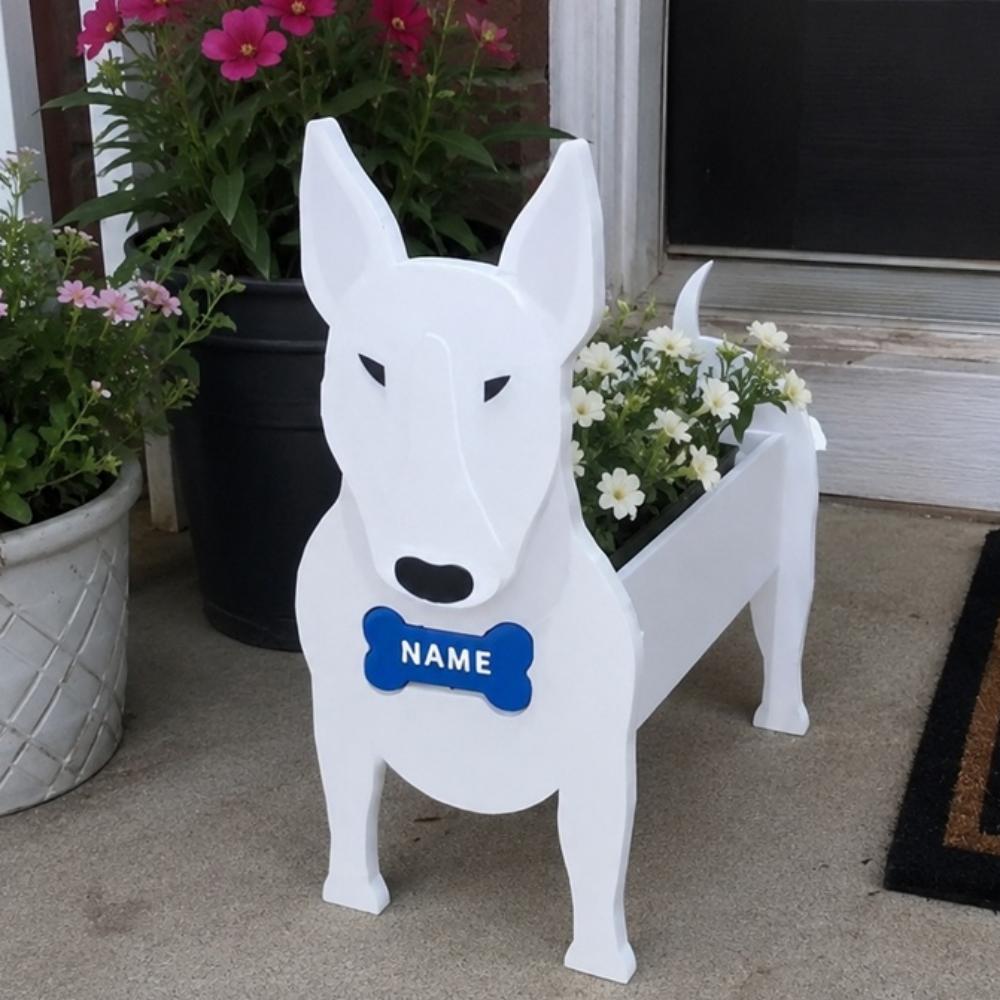 Bull Terrier dog planter filled with fresh flowers is placed in the garden