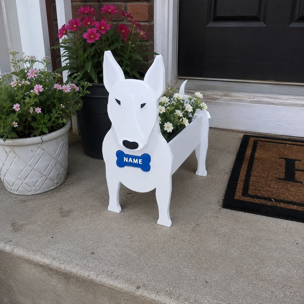 Bull Terrier dog planter filled with fresh flowers is placed in the garden