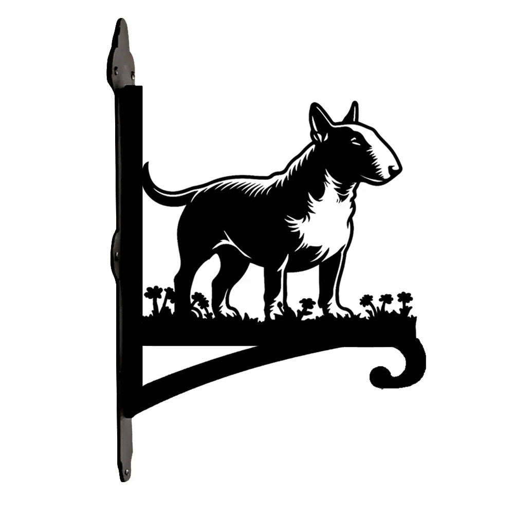 Bull terrier metal hanging basket bracket mounted on outdoor wall for plant decoration