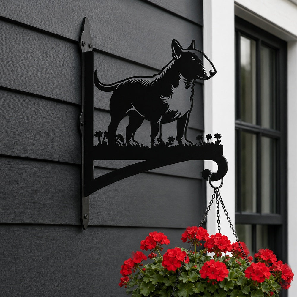 Bull terrier metal hanging basket bracket mounted on outdoor wall for plant decoration